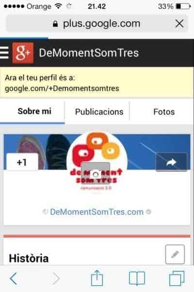 Pas 4. S'obre la teva pàgina a Google+ amb la nova adreça