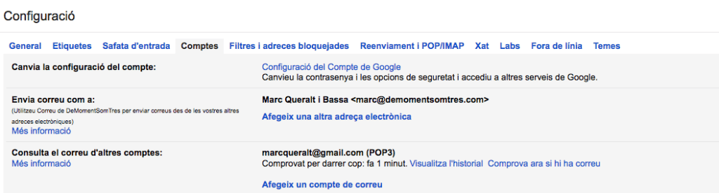 La pantalla de configuració de Gmail