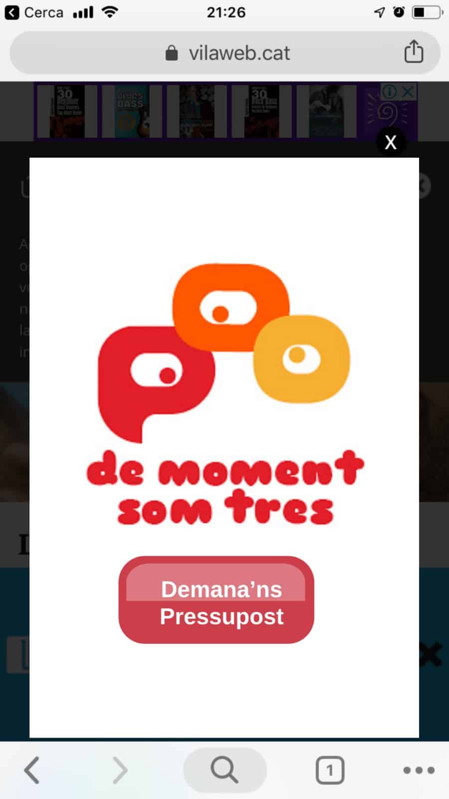 Un popup de DeMomentSomTres a Vilaweb