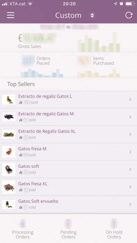 Dashboard inicial de WooCommerce per a iPhone amb dades provinents de la web de SaetSweets