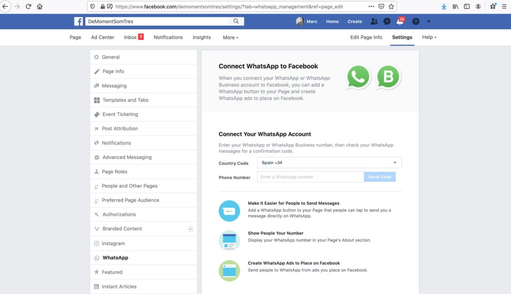 Pantalla de conexión de WhatsApp con Facebook