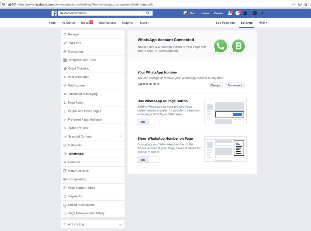 Configuració de Whatsapp a Facebook