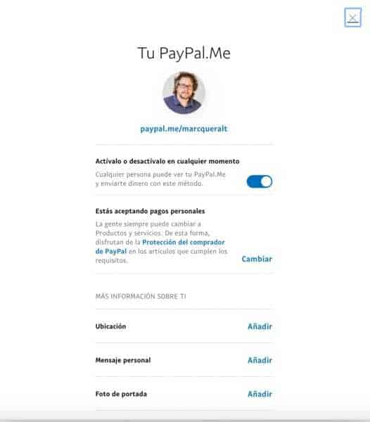 Procés de creació d'un enllaç PayPalMe - pas 7