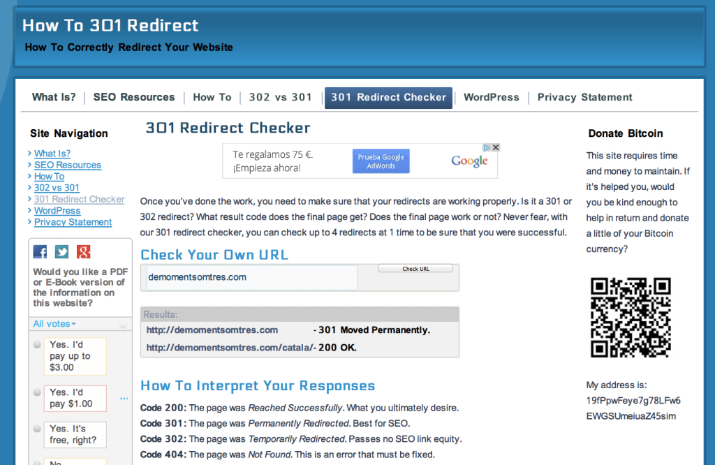 La pàgina de 301-redirect-checker verificant que la redirecció de la nostra web principal a la versió catalana és 301 i funciona correctament conservant el posicionament SEO