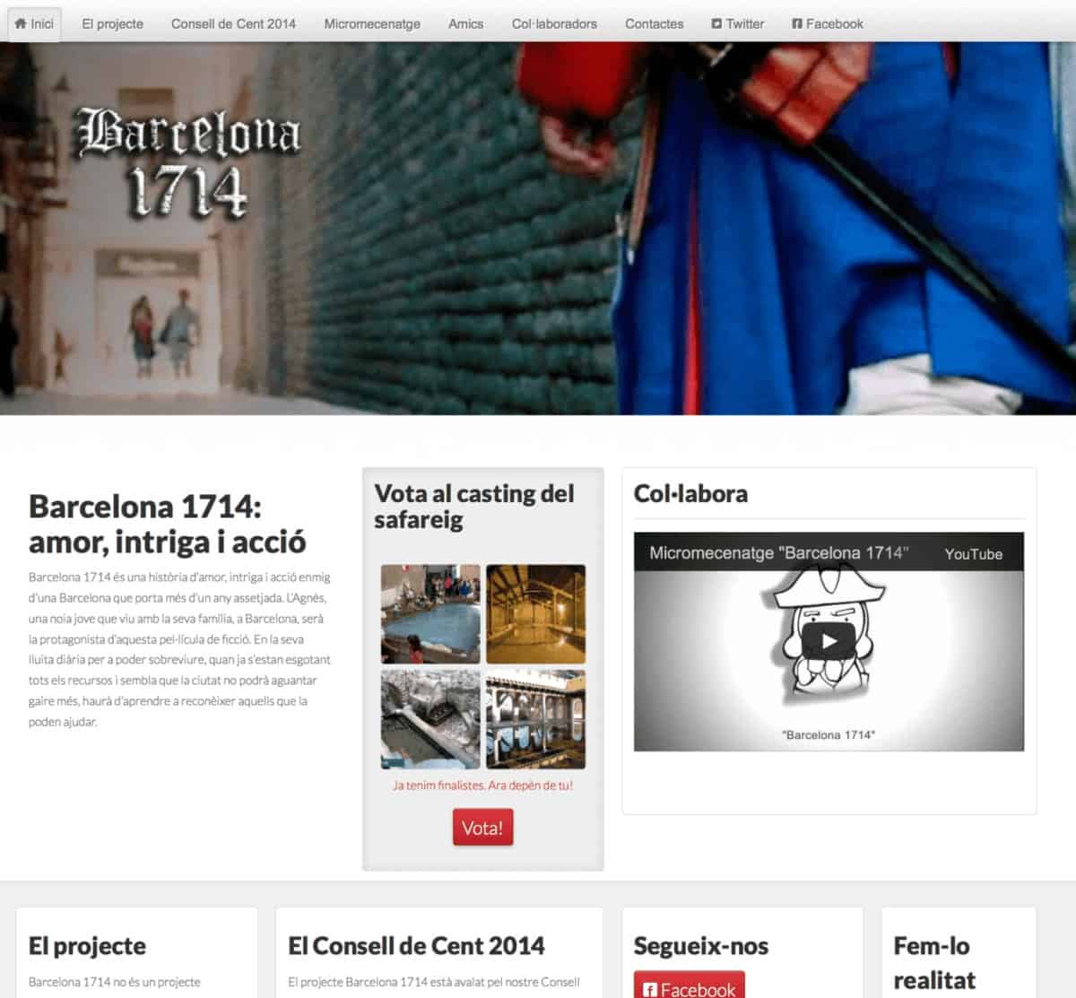La pàgina principal de Barcelona1714.cat amb el banner del càsting