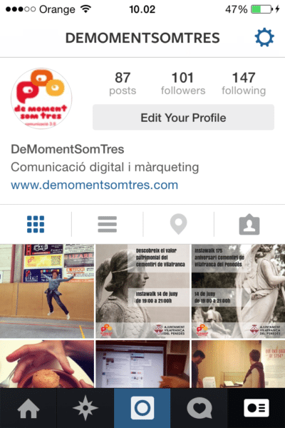 El nostre perfil d'instagram vist des del telèfon mòbil.