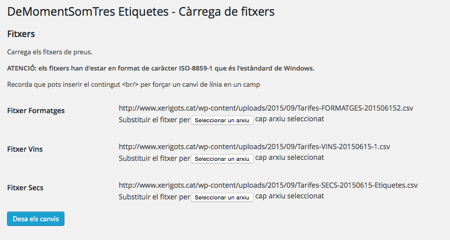 Càrrega de fitxers per les etiquetes