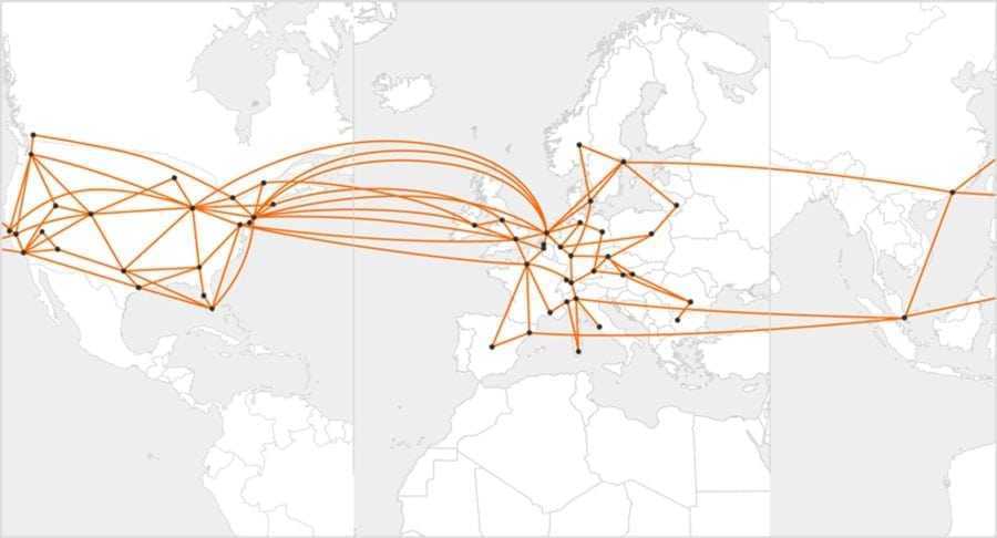 Mapa de la situació dels servidors que constitueixen la CDN de MaxCDN per donar cobertura als principals països del món amb un alt nivell de qualitat