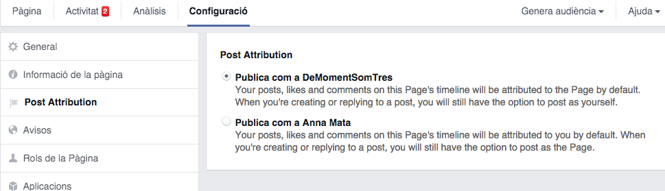 Configuració de l'atribució del post a Facebook