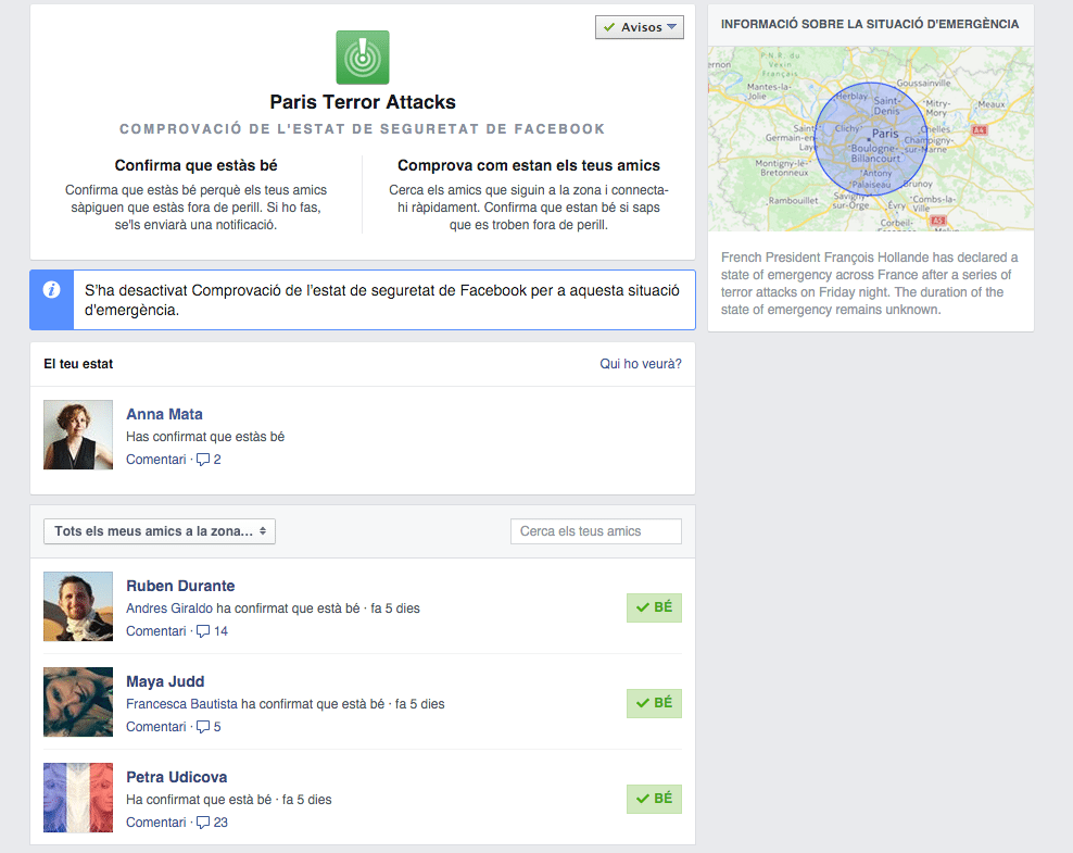 Facebook Safety Check en acció