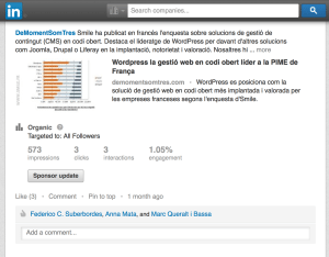 Analítiques de Linkedin d'un dels articles que DeMomentSomTres hem publicat