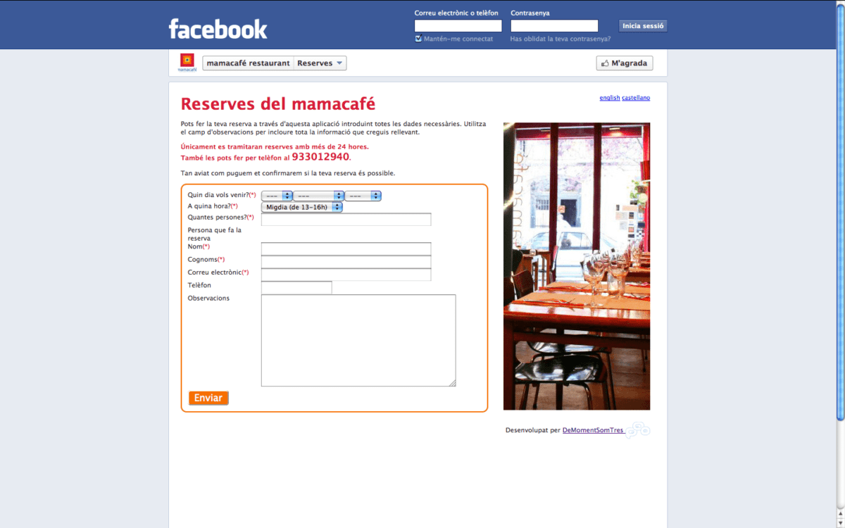 La facebook app de reserves en català