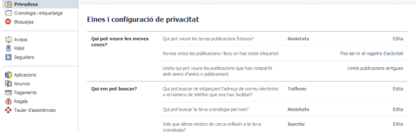 Opcions generals de privacitat al Facebook