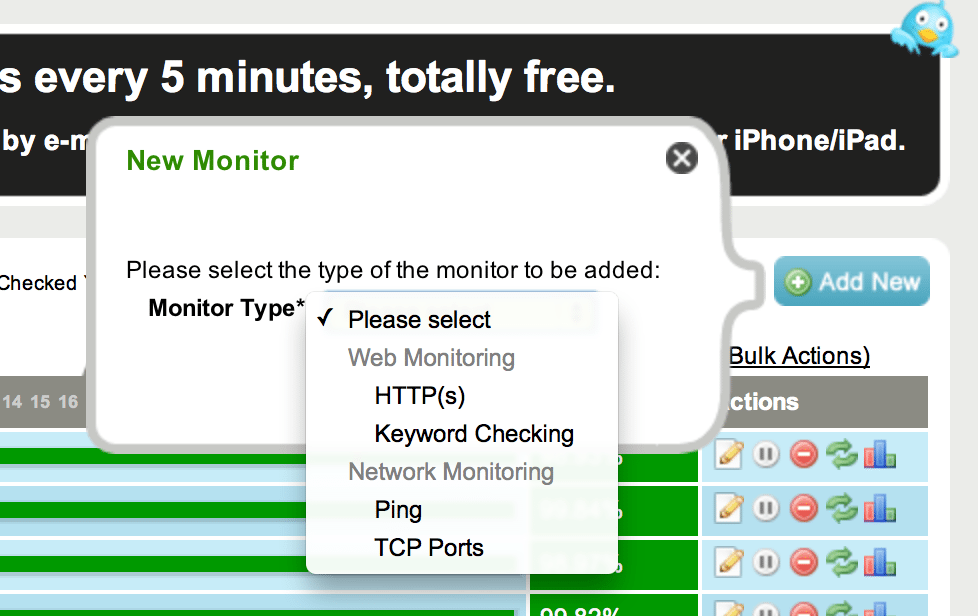 La pantalla després de prémer el botó Add New. Volem fer monitorartge web (web monitoring)