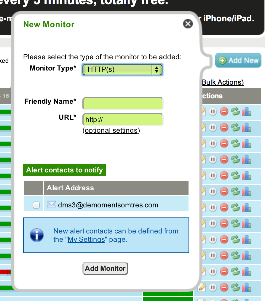 La pàgina d'introducció de paràmetres de monitoratge web